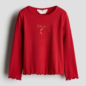 Red Long Sleeve Tee with Crew Neck and Ruffled Cuffs